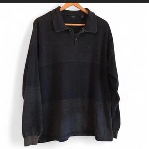 IZOD Men's L Navy Blue Tan Cotton Poly Collared 1/4 Button Long Sleeve Sweater